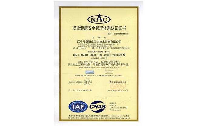 遼寧萬(wàn)益職業(yè)健康安全管理體系證書
